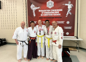 Koshiki Karate tournament - Mirabel, Qc. March 23, 2024. Super performance from our adult students : Mike & Vlad who at our Beaconsfield karate & Jiujitsu club participated in the Mirabel Koshiki tournament. Both reached the winners podium: MIKE (wearing glasses) won GOLD in the adult organe & yellow belt Fighting division & SILVER in the Kata section. Vlad won GOLD in the Kata division (he did not fight due to an eye injury). Hard work certainly pays off. BRAVO! Left to right: Marc, Masamitsu Kudaka (from Japan), Vlad, Mike & George (head instructor & couch).