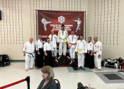 Koshiki Karate tournament - Mirabel, Qc. March 23, 2024. Super performance from our adult students : Mike & Vlad who at our Beaconsfield karate & Jiujitsu club participated in the Mirabel Koshiki tournament. Both reached the winners podium: MIKE (wearing glasses) won GOLD in the adult organe & yellow belt Fighting division & SILVER in the Kata section. Vlad won GOLD in the Kata division (he did not fight due to an eye injury). Hard work certainly pays off. BRAVO! Left to right: Marc, Masamitsu Kudaka (from Japan), Vlad, Mike & George (head instructor & couch).