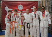 March 11, 2023 - Mirabel Koshiki tournament with over 75 competitors. Five (5) members of our Beaconsfield Karate and Jim-Jitsu club participated in this safety contact karate tournament. They brought home 7 medals: SAULE (left side, orange belt) - gold in Kata, silver in fighting; NICOLAS (2nd on left - orange belt) - bronze in fighting; NOAH (children's yellow belt) - silver in fighting; VLAD (white belt) - bronze in fighting; MIKE (far right, white belt) - bronze in Kata and gold in fighting. So proud of our Beaconsfield team members. Hard work and a dedicated, disciplined training regiment pays off. www.manoli.ca