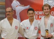 L-R, Sensei Manoli, Shihan Masamitsu Kudaka, the founders (Kori Hisataka) grandson, Adam Simard, 1st place fighting division, brown belt. Canada Cup, October 27, 2018. Mirabel, Qc.