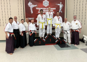Koshiki Karate tournament - Mirabel, Qc. March 23, 2024. Super performance from our adult students : Mike & Vlad who at our Beaconsfield karate & Jiujitsu club participated in the Mirabel Koshiki tournament. Both reached the winners podium: MIKE (wearing glasses) won GOLD in the adult organe & yellow belt Fighting division & SILVER in the Kata section. Vlad won GOLD in the Kata division (he did not fight due to an eye injury). Hard work certainly pays off. BRAVO! Left to right: Marc, Masamitsu Kudaka (from Japan), Vlad, Mike & George (head instructor & couch).