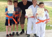 Diego, Noah, Christiana, Harrison. four new orange belts at our Dojo. June 27, 2020. Beaconsfield Recreation Center. Tokon Dojo, Karaté-do, Jiu-Jitsu and Bully-proofing.