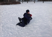 Not easy grappling in the snow with all that gear on. We were blessed with the beautiful Canadian weather. Beaconsfield Recreation Centre, Montreal, Qc. November 2018. www.manoli.ca       Michel and Paul