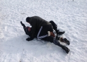 Not easy grappling in the snow with all that gear on. We were blessed with the beautiful Canadian weather. Beaconsfield Recreation Centre, Montreal, Qc. November 2018.