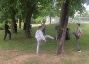 Karate training outside the Beaconsfield Recreation Center. First training session after the lockdown, what a joyous occasion. Distancing was respected and the session was divided up into warmups, basics, Makiwara on the shields attached to the trees and Kata. A different training mind set. If you don't adapt, you slowly die, so we must do what we must do to keep the flame alive. June 13, 2020