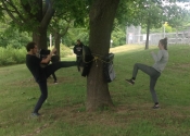 Karate training outside the Beaconsfield Recreation Center. First training session after the lockdown, what a joyous occasion. Distancing was respected and the session was divided up into warmups, basics, Makiwara on the shields attached to the trees and Kata. A different training mind set. If you don't adapt, you slowly die, so we must do what we must do to keep the flame alive. June 13, 2020