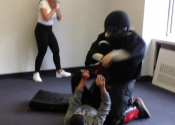 Air Canada, women's 'hands-on' attack simulation, self-defence workshop. DETERMINED & ENRAGED were these women.  No! Is a complete sentence. All women and teenagers should get a taste of these types of 'No-holds barred' self-defence courses in order to understand and feel the rage needed to fend off people who don't respect their No!
