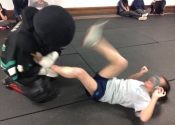 Knife attack, blind folded - huge stress factor. Villa Maria High School, December 2017. Manoli's hands-on women's Self-defence course. Montreal, Quebec