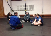 Giving students feedback after their simulations. Villa Maria high school. Hands-on Self defence course for teens (boys and girls). September - November 2018. www.manoli.ca