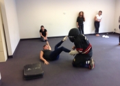 Air Canada, women's 'hands-on' attack simulation, self-defence workshop. DETERMINED & ENRAGED were these women.  No! Is a complete sentence. All women and teenagers should get a taste of these types of 'No-holds barred' self-defence courses in order to understand and feel the rage needed to fend off people who don't respect their No!