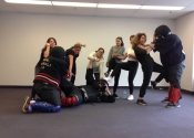 Air Canada, women's 'hands-on' attack simulation, self-defence workshop. DETERMINED & ENRAGED were these women.  No! Is a complete sentence. All women and teenagers should get a taste of these types of 'No-holds barred' self-defence courses in order to understand and feel the rage needed to fend off people who don't respect their No!