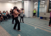 Morneau/Chepell 'hands-on', simulation oriented, women's self-defence workshop. Second group of wild, motivated and determined women. Downtown Montreal, Canada. Blindfolded attack.....keep your mind empty and naturally deal with whatever comes at you. Let your animal, survival instincts take over. Oct. 2019
