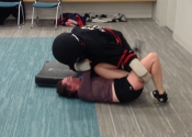 Morneau/Chepell 'hands-on', simulation oriented, women's self-defence workshop. Second group of wild, motivated and determined women. Downtown Montreal, Canada. Most attacks end up in a horizontal position (ground, bed, table...). Know what to do if brought to the ground - Oct. 2019