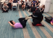 Morneau/Chepell 'hands-on', simulation oriented, women's self-defence workshop. Second group of wild, motivated and determined women. Downtown Montreal, Canada. Most attacks end up in a horizontal position (ground, bed, table...). Know what to do if brought to the ground.  Oct. 2019